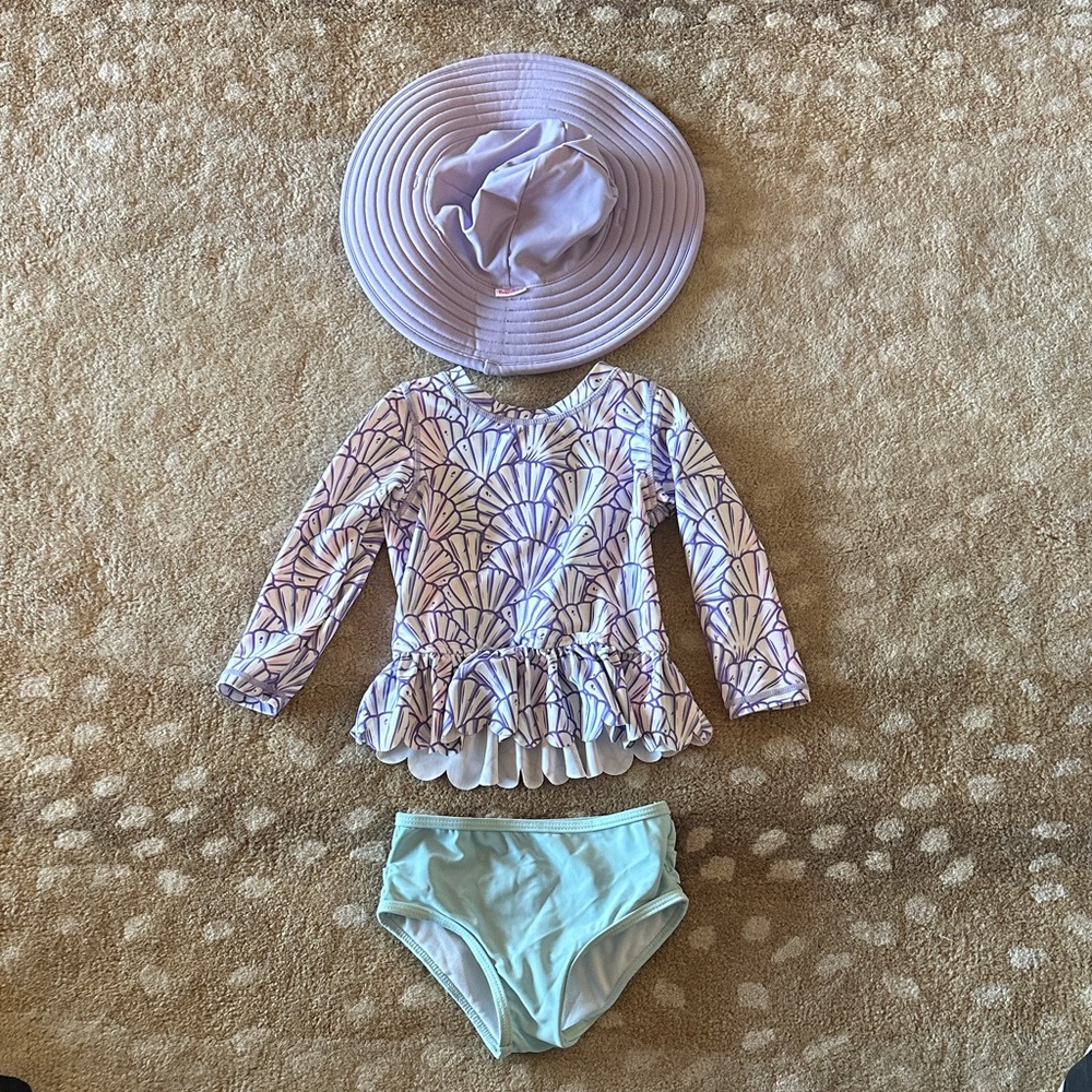 Ruffle butts seashell Purple and Mint Swimsuit Set with Hat